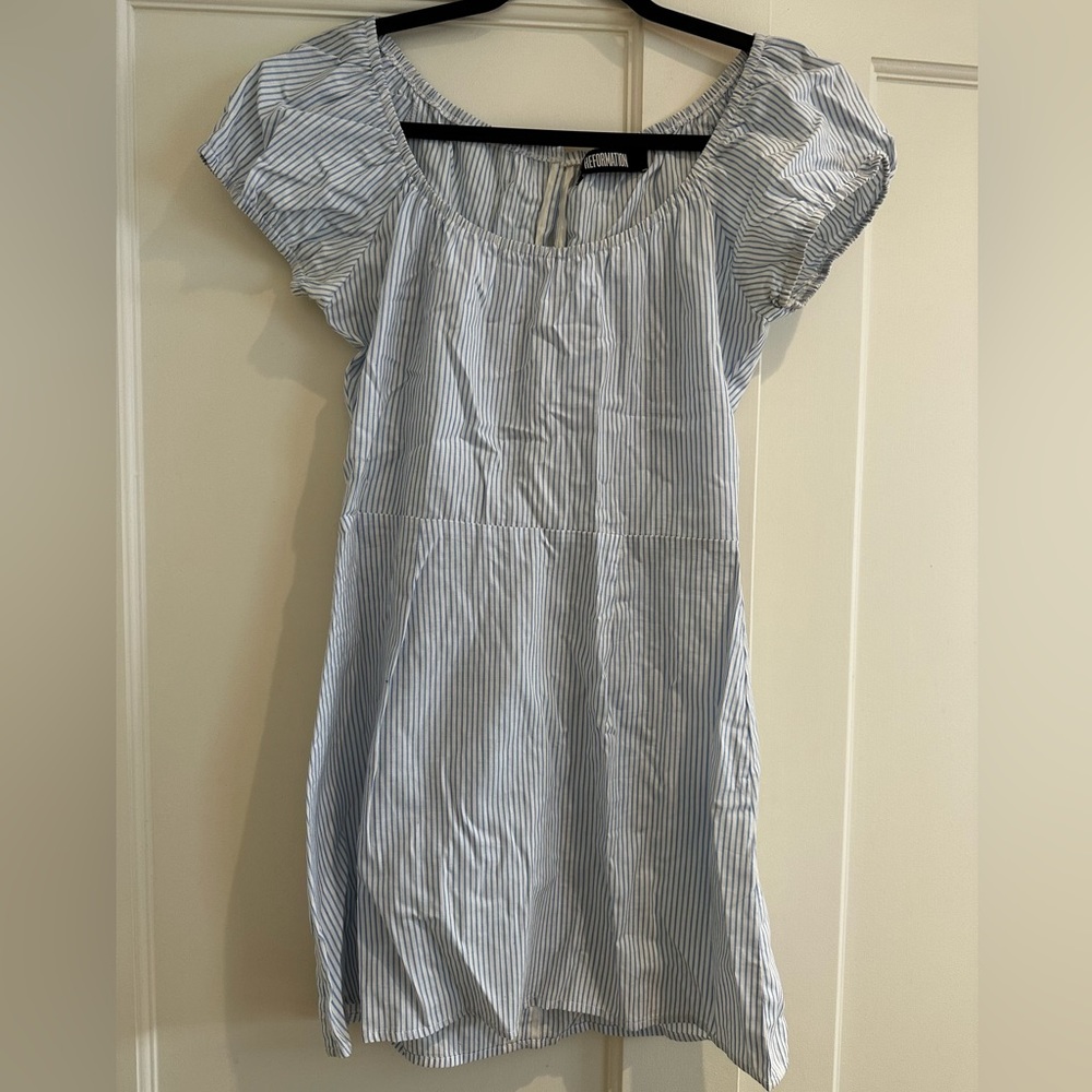 Reformation cotton mini. Blue and white striped. Size 6 / fits like a small